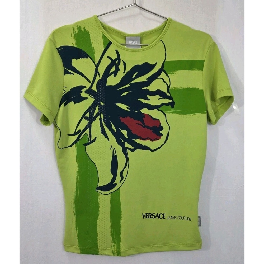 Vntg Med Versace Jeans Couture Womens Green Floral Graphic T-Shirt HARD TO FIND!